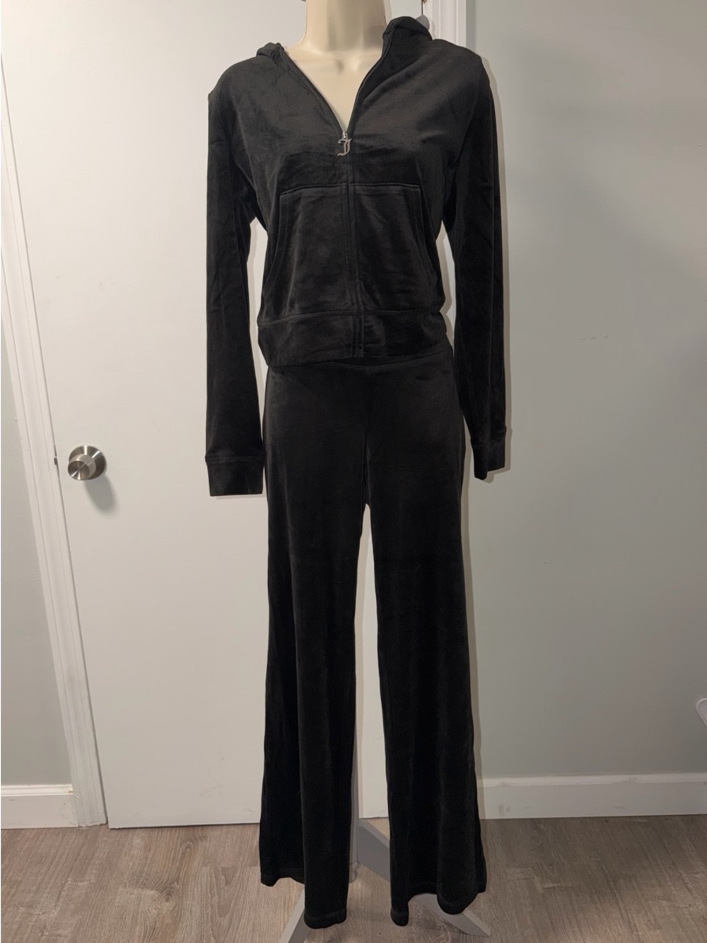 Juicy Couture Black Velour Zip-Up Hoodie with Wide-Leg Joggers